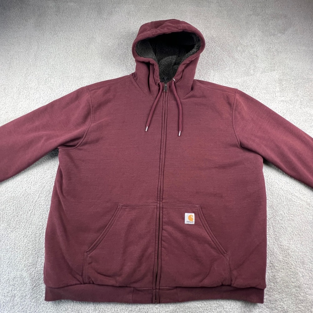 Carhartt Sherpa Lined Hoodie Mens 2XL Tall Burgundy Full Zip Workwear Sweatshirt - Picture 13 of 16